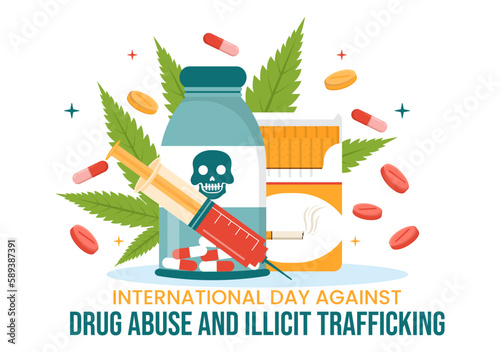 International Day Against Drug abuse and Illicit Trafficking illustration with Anti Narcotics to Avoid Drugs in Hand Drawn Templates Illustration