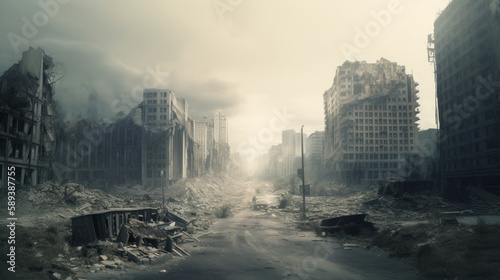 Post apocalyptic city background. Destroyed buildings  cracked road. Generative AI.