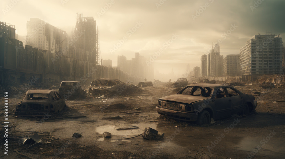 Obraz premium Post apocalyptic city background. Destroyed buildings, cracked road. Generative AI.