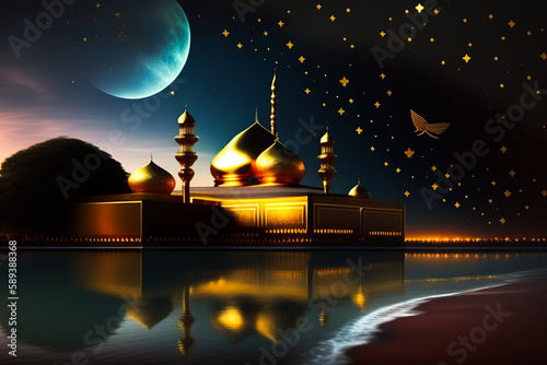 Ramadan mobarak mosque at night background