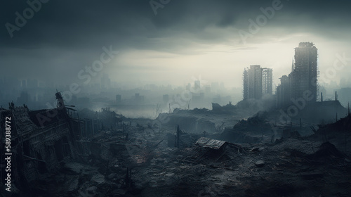Post apocalyptic city background. Destroyed buildings, cracked road. Generative AI. © junghc1