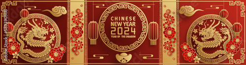 Happy chinese new year 2024 year of the chinese dragon zodiac with on color Background. ( Translation : happy new year, chinese dragon )