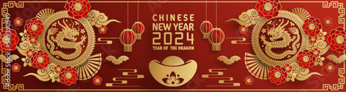 Happy chinese new year 2024 year of the chinese dragon zodiac with on color Background. ( Translation : happy new year, chinese dragon )