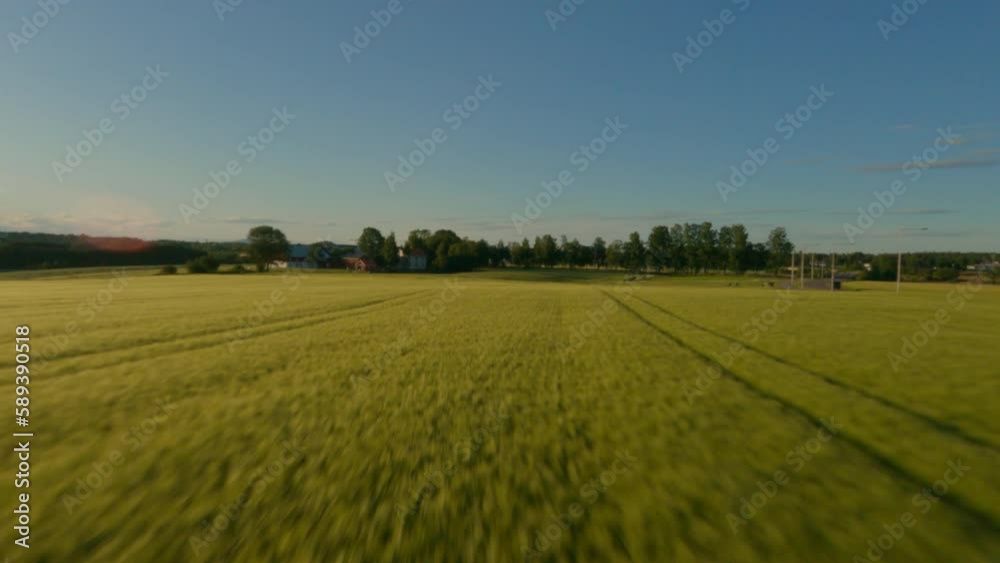 FPV Drone flying over farmland during sunset