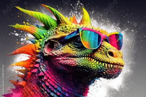 dragon in sunglasses realistic with paint splatter abstract 