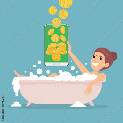 smartphone help businesswoman make money while relaxing bath.  Smartphone to earn money concept,illustration vector cartoon