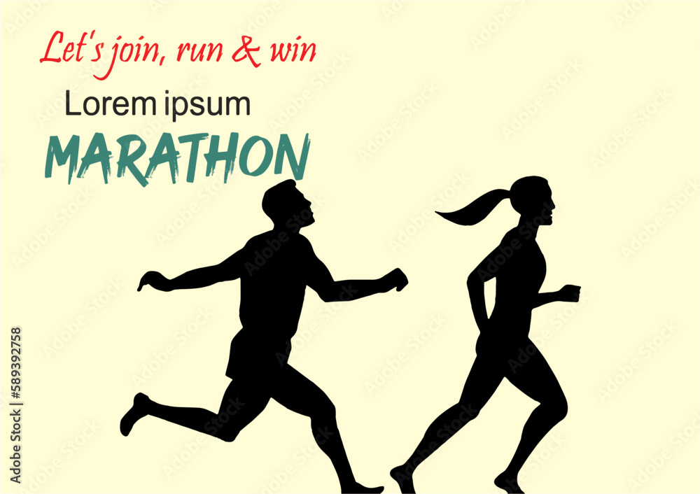 Let's join, run and win Marathon. Man and woman running marathon. Symbol of active life style to remain healthy. Editable vector, Poster and banner design for media and web. eps 10.