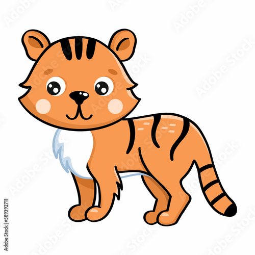Cute tiger in cartoon style. Vector doodle illustration for kids.