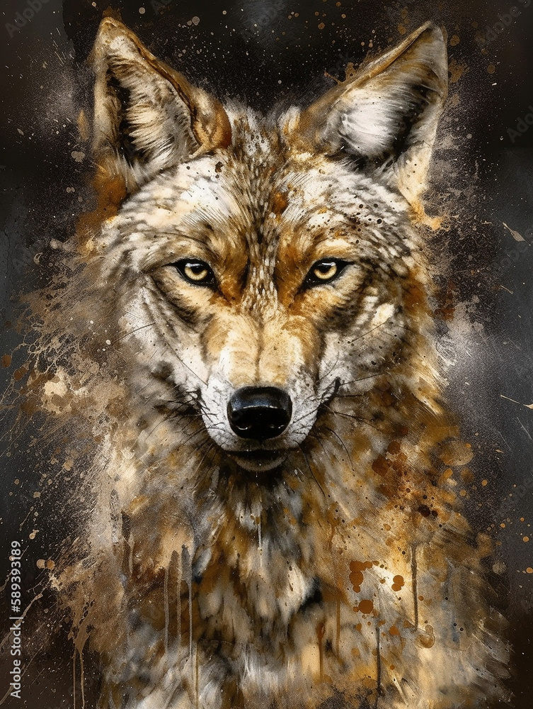 Regal Golden Wolf Captured in a Modern Marble Painting - generative ai