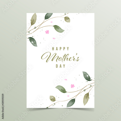Mothers day greeting card template in rustic style, vector illustration. Greenery watercolor floral design.