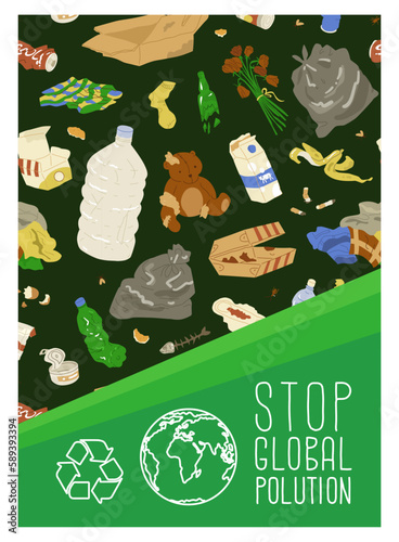 Poster on the theme of protecting the environment from global pollution. Symbol of earth and waste recycling. Image of landfill.  Vector illustration. Seamless pattern include.