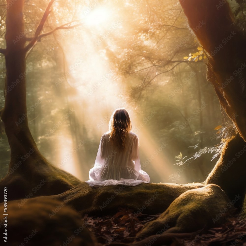 Une femme assise dans une forêt naturelle avec des rayons de lumière en arrière-plan, méditation, guérison de son passé
