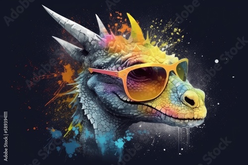 dragon in sunglasses realistic with paint splatter abstract 
