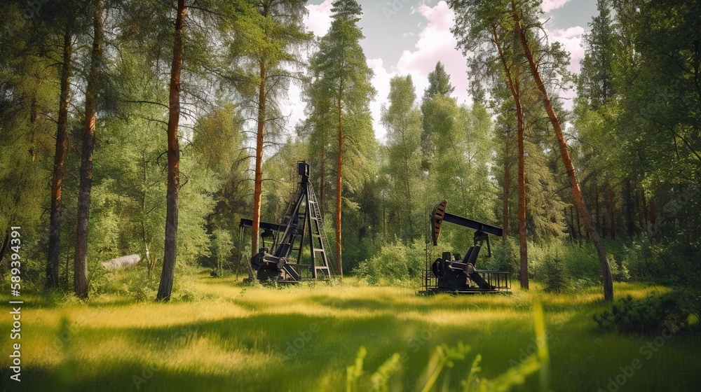 Oil rig in forest. Fir trees and oil pumps. Generative AI