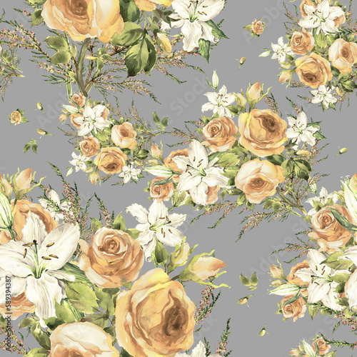 Fototapeta Naklejka Na Ścianę i Meble -  flowers with leaves bunches pattern on green background