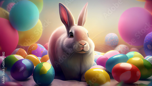 Cute festive Easter bunny in colorful decorated eggs. Generative AI illustration