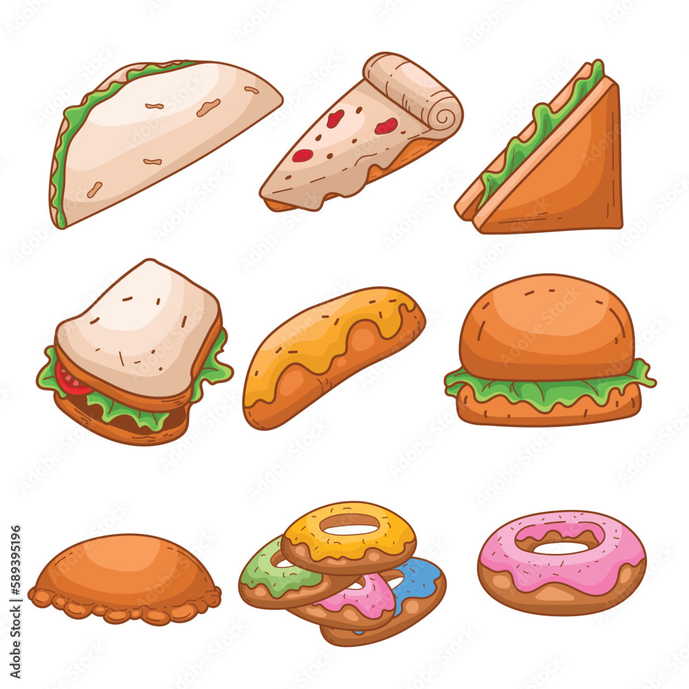 Vector set of fast food. american burger, pizza, sandwich, donut, pie, kebab. vector fast food cartoon illustration