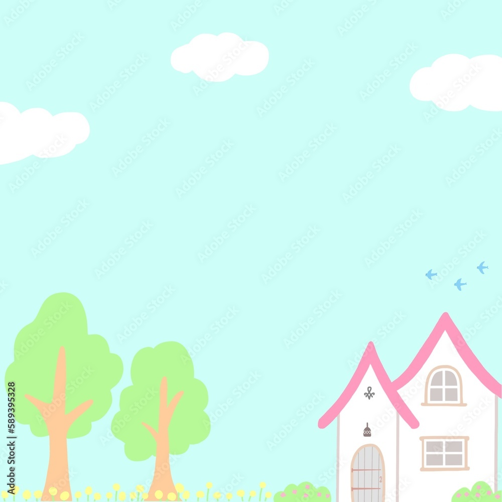 Naklejka premium かわいい家と木のある風景イラスト