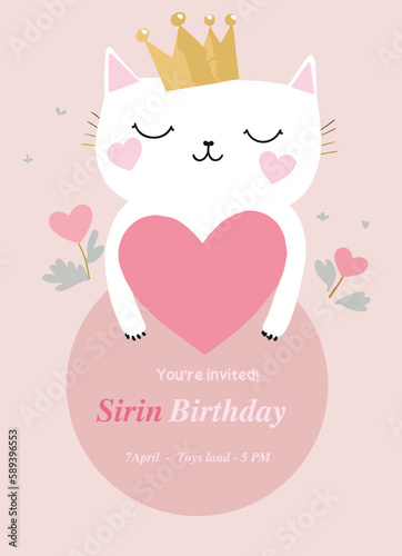Birthday card invitation with cat and heart pastel colors flat colors vector