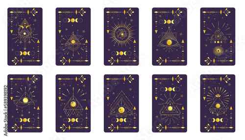 Tarot card gold set with mystic eye pyramid isolated. Boho esoteric tarot card with eye and star. Vector illustration. Sacred geometry celestial triangle