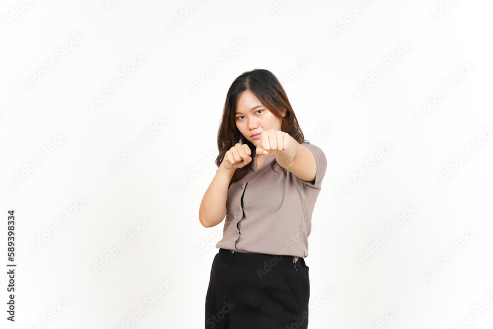 Punching fist to fight Of Beautiful Asian Woman Isolated On White Background Punching fist to fight Of Beautiful Asian Woman Isolated On White Background