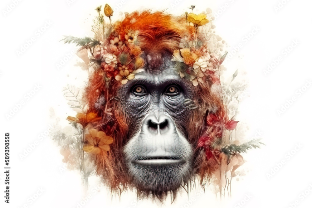 Image of an orangutan head with colorful tropical flowers. wildlife. Animal. illustration. Generative AI.