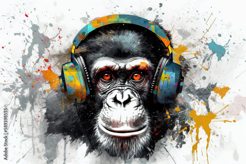 Monkey wearing sunglasses with headphones enjoys the music. Wildlife. illustration, generative AI