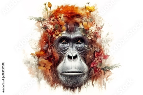 Image of an orangutan head with colorful tropical flowers. wildlife. Animal. illustration. Generative AI.