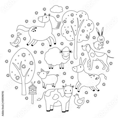 Large circular vector icon set of rural animals in linear style for logos, presentations and the web. Icons are isolated on white background. EPS