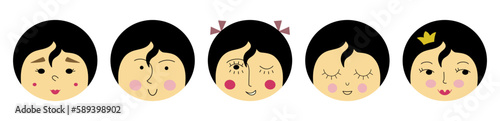 Feminine look, abstract personage, mascot design, funny face, cute icon.