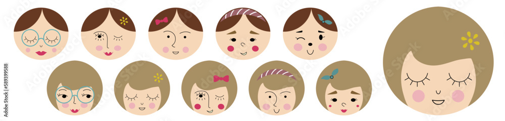 Feminine look, abstract personage, mascot design, funny face, cute icon.