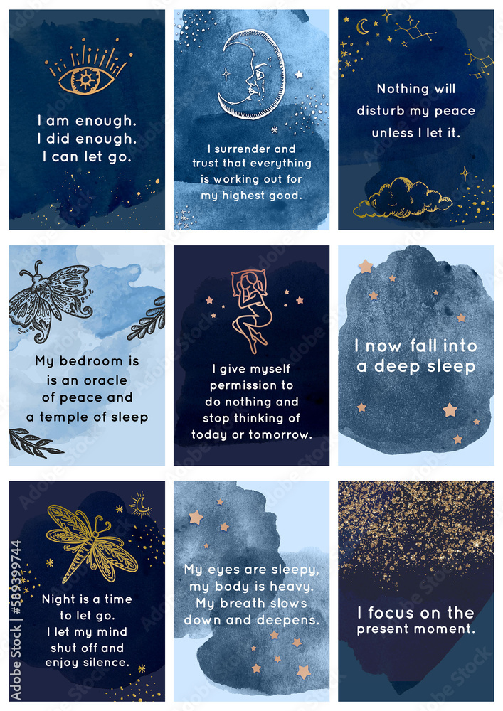 Beautiful set of printable sleep affirmation cards for a good sleep, bedtime, restful night
