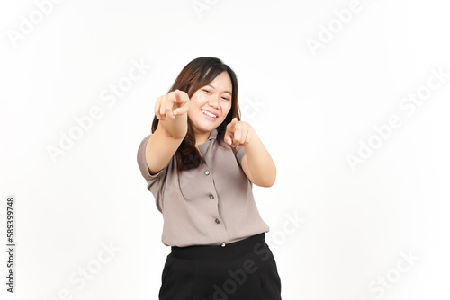 Smile and Pointing at Camera, Want You Gesture Of Beautiful Asian Woman Isolated On White Background