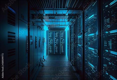 Digital Dreamscape: A Neon Blue Server Room of the Future Background. Generative AI photo