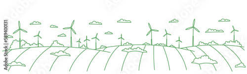 Eco landscape fields with a windmills. Vector line. Editable outline stroke.