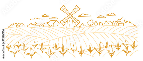 Landscape fields with a windmill. Village arable land. Seedling wheat shoots. Vector line. Editable outline stroke.