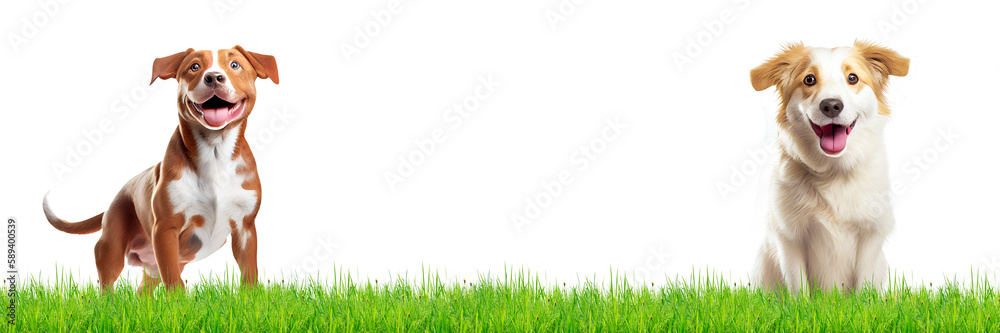 cute smiling happy dog ​​on grass on transparent background for banner background with copy space. generative AI