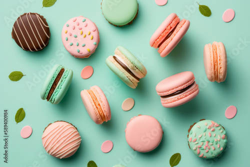 Macarons cookies pink green with strawberry and mint flavor on mint green background. Generative AI