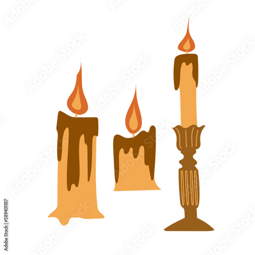 Set of vector cartoon vintage historical candles. Decorative candle for home. Fire and light.