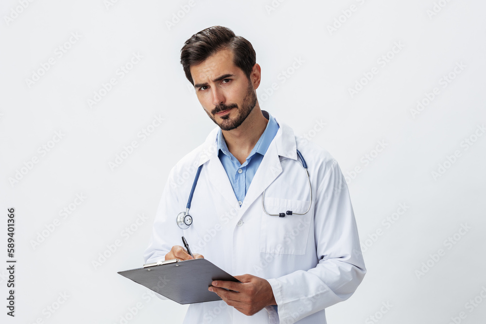 Man doctor in white coat with stethoscope and record folder and patient chart unhappy angry on white isolated background, copy space, space for text, health Man doctor in white coat with stethoscope and record folder and patient chart unhappy angry on white isolated background, copy space, space for text, health