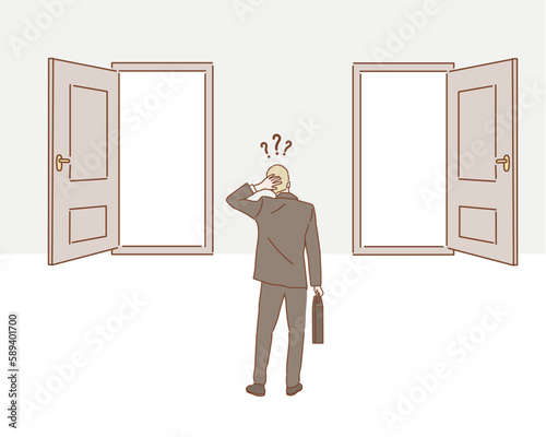 Concept of businessman choosing the right door. Hand drawn style vector design illustrations.
