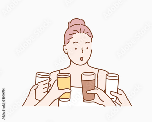 Female Hands Holds Group Useful Colorful Beverages Drink Coffee Milk Tea Orange Juice Water. Hand drawn style vector design illustrations.