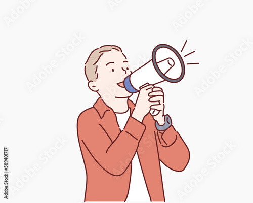 Adorable little boy shouting in megaphone. Hand drawn style vector design illustrations.