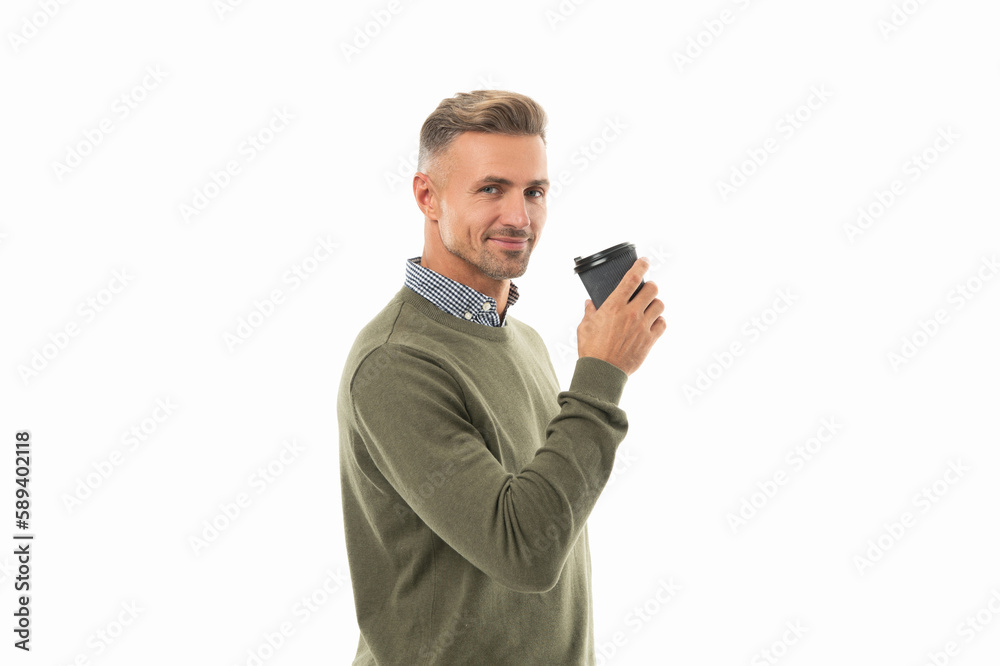happy man drinking coffee in studio. man drinking coffee on background. happy man drinking coffee in studio. man drinking coffee on background.