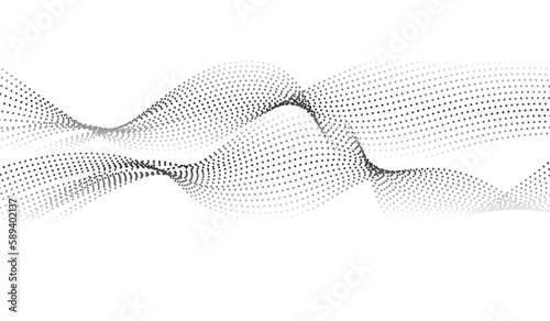 Flowing dots particles wave pattern halftone gradient curve shape isolated on white background.