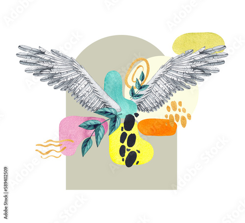 Watercolor collage with wings and spots on a white background