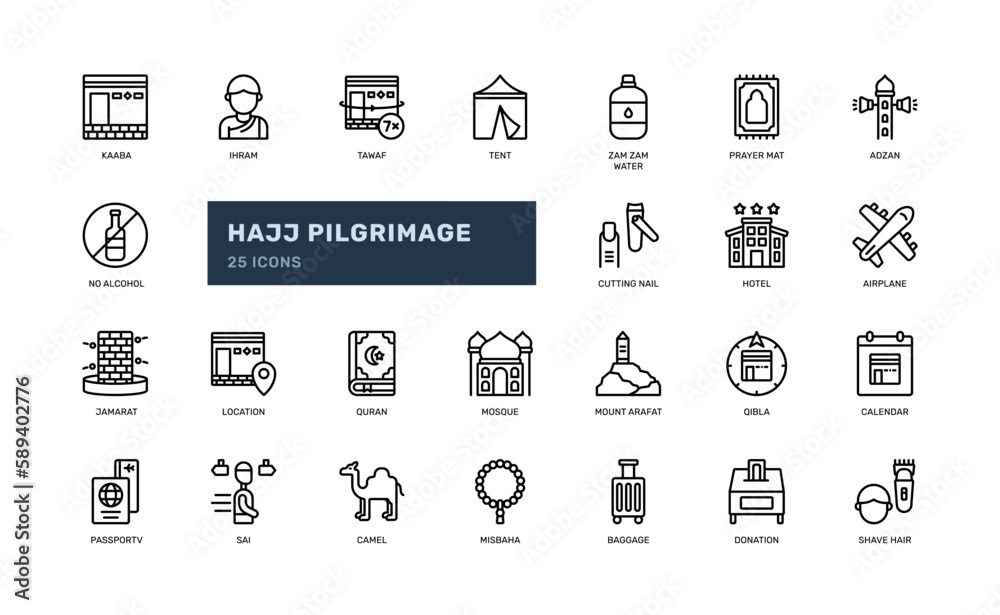 hajj pilgrimage or umrah islamic religion event to mecca kaaba eid adha detailed outline line icon set