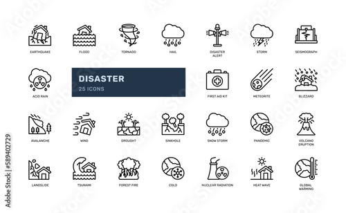 natural disaster catastrophe warning alert detailed outline line icon set