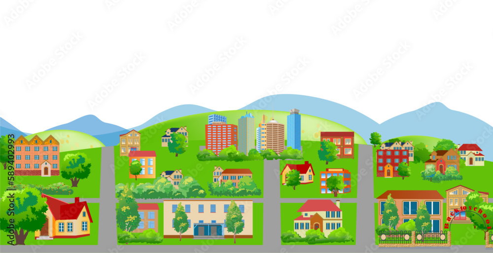 City outskirts with streets, buildings, and trees in summer season. Vector illustration to be used for various purposes.