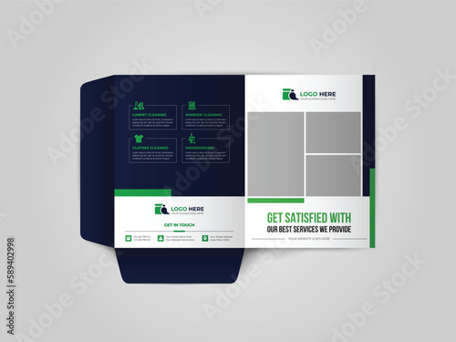 Cleaning Service Business Presentation folder for files, design. The layout is for posting information about the company, photo, text.